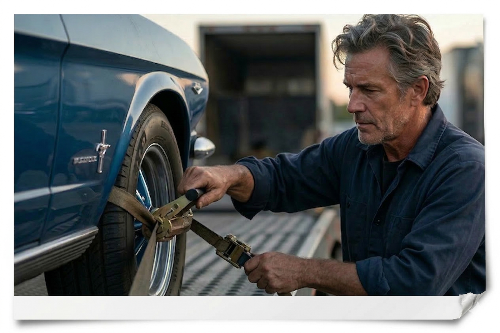 secure auto shipping carrier securing an old classic car to the transport vehicle.