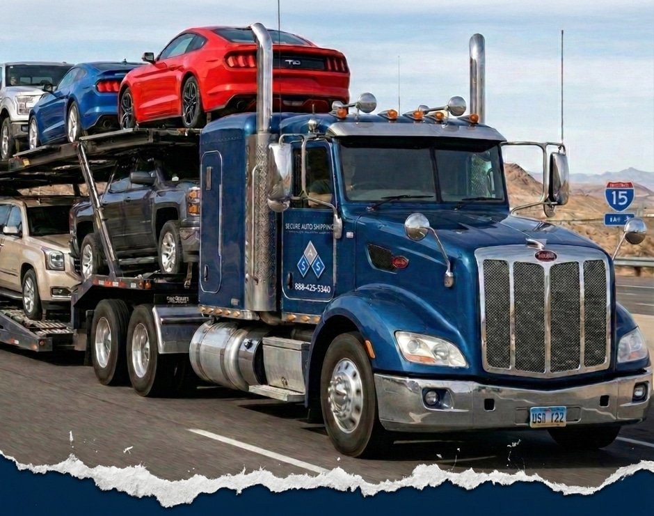 Car shipping services truck from secure auto shipping hauling cars on the highway