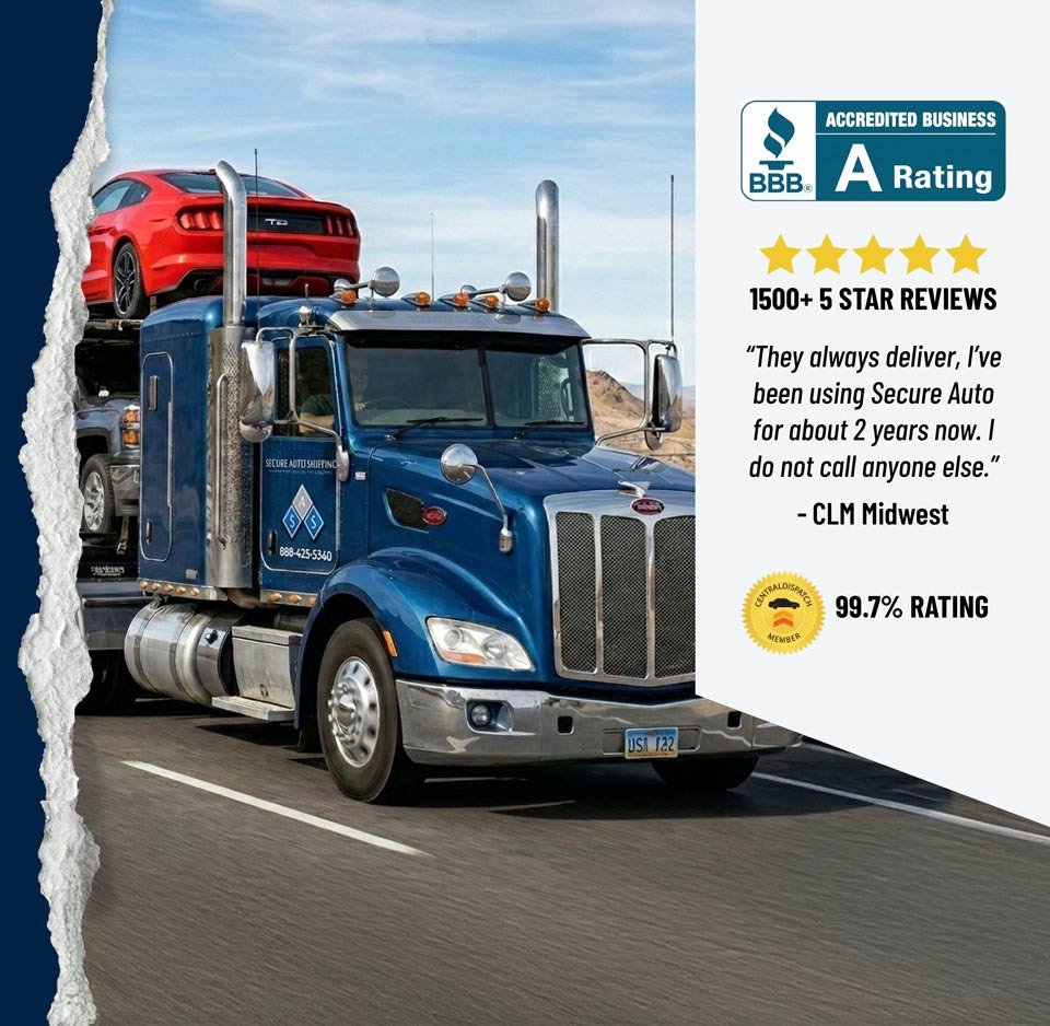 Car shipping services with secure auto shipping truck hauling cars on the highway